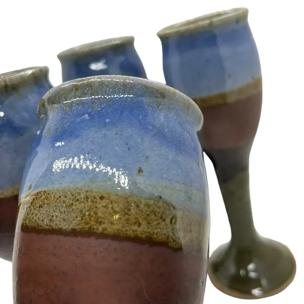 Wine Goblets Flutes Set of Four Ceramic Handmade 1984 Vintage Blue Brown Retro